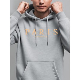 Men'S Oversized Hooded Sweatshirt with Paris Graphic Print & Kangaroo Pocket - Casual Streetwear Pullover, Drawstring Hood, Soft Comfortable Fabric, Round Neck Long Sleeve for Daily Wear, Outdoor Activities & Sports Style - Grey with Orange Lettering (No Belt, Regular Fit), Sudadera De Hombre, Hoodie For Men, Men Hoodie