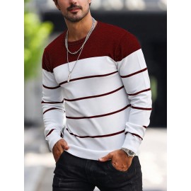 Men's Casual Striped Knit Pullover Sweater - Navy & White Contrast, Regular Fit H-Silhouette, Long Sleeve Crew Neck, Medium Stretch, Machine Washable for Spring & Fall, Medium-Stretch Fabric, Knit Sweater, Seasonal Clothing, Ribbed Detailing, Durable Construction, Versatile Top, Streetwear Style