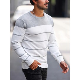 Men's Casual Striped Knit Pullover Sweater - Navy & White Contrast, Regular Fit H-Silhouette, Long Sleeve Crew Neck, Medium Stretch, Machine Washable for Spring & Fall, Medium-Stretch Fabric, Knit Sweater, Seasonal Clothing, Ribbed Detailing, Durable Construction, Versatile Top, Streetwear Style