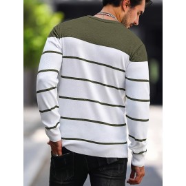 Men's Casual Striped Knit Pullover Sweater - Navy & White Contrast, Regular Fit H-Silhouette, Long Sleeve Crew Neck, Medium Stretch, Machine Washable for Spring & Fall, Medium-Stretch Fabric, Knit Sweater, Seasonal Clothing, Ribbed Detailing, Durable Construction, Versatile Top, Streetwear Style