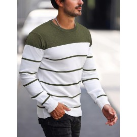 Men's Casual Striped Knit Pullover Sweater - Navy & White Contrast, Regular Fit H-Silhouette, Long Sleeve Crew Neck, Medium Stretch, Machine Washable for Spring & Fall, Medium-Stretch Fabric, Knit Sweater, Seasonal Clothing, Ribbed Detailing, Durable Construction, Versatile Top, Streetwear Style