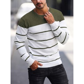 Men's Casual Striped Knit Pullover Sweater - Navy & White Contrast, Regular Fit H-Silhouette, Long Sleeve Crew Neck, Medium Stretch, Machine Washable for Spring & Fall, Medium-Stretch Fabric, Knit Sweater, Seasonal Clothing, Ribbed Detailing, Durable Construction, Versatile Top, Streetwear Style