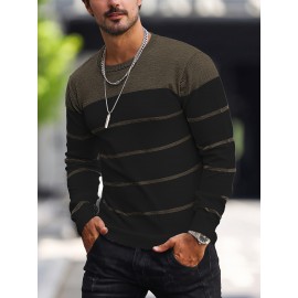 Men's Casual Striped Knit Pullover Sweater - Navy & White Contrast, Regular Fit H-Silhouette, Long Sleeve Crew Neck, Medium Stretch, Machine Washable for Spring & Fall, Medium-Stretch Fabric, Knit Sweater, Seasonal Clothing, Ribbed Detailing, Durable Construction, Versatile Top, Streetwear Style