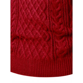 Men's Thickened Warm Slim-Fit Red Cable-Knit Sweater - Soft Light Beige-Friendly Long Sleeve Round Neck Winter Sweater for Business Casual & Casual Attire, Durable Cozy Knit Pullover with Twisted Grid Pattern, Versatile Layering Piece (Hand Washable) - Ideal for Office & Semi-Formal Events, Autumn & Winter Fashion in Vibrant Red with Ribbed Cuffs and Hem, Comfortable and Stylish for Casual Formal Outfits