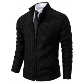 Men's Business Cable-Knit Sweater Jacket with Stand-Up Collar - Machine Washable Gray Winter Office Sweater Coat, Long Sleeve Casual to Meeting Wear, Gym Compatible for Professional & Everyday Use - Solid Color Mature Style