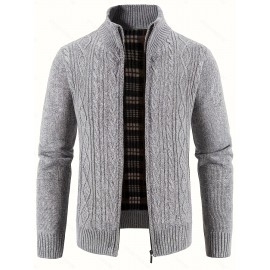 Men's Business Cable-Knit Sweater Jacket with Stand-Up Collar - Machine Washable Gray Winter Office Sweater Coat, Long Sleeve Casual to Meeting Wear, Gym Compatible for Professional & Everyday Use - Solid Color Mature Style