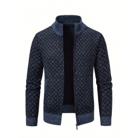 Men's Slim-Fit Thick Winter Knit Jacket with Stand Collar & Plaid Pattern - Warm Coat for Cold Weather, Casual Outerwear for Office or Everyday Use, Layering Piece under Suit Coats (Novelty Category)