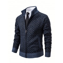 Men's Slim-Fit Thick Winter Knit Jacket with Stand Collar & Plaid Pattern - Warm Coat for Cold Weather, Casual Outerwear for Office or Everyday Use, Layering Piece under Suit Coats (Novelty Category)