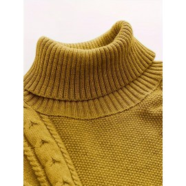 Men's Mustard Yellow High Neck Cable-Knit Sweater - Soft Stretchy Mid-Weight Pullover, Regular Fit Casual & Formal Wear, Hand Wash Only, Classic Comfort for Everyday, Pullover Style, Ribbed Cuffs