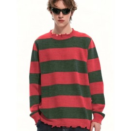 Long-Sleeved Sweatshirt for Autumn And Winter, Featuring a Stylish Checkered Perforated Design with a Unique Distressed Round Neck, Perfect for Keeping Warm for Men., Autumn Clothes Men, Jumpers For Men, Men Sweatshirt, Mens Jumpers, Mens Sweaters, Pullover Men, Sweatshirt Men, Winter Jumper Men