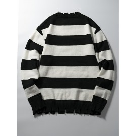 Long-Sleeved Sweatshirt for Autumn And Winter, Featuring a Stylish Checkered Perforated Design with a Unique Distressed Round Neck, Perfect for Keeping Warm for Men., Autumn Clothes Men, Jumpers For Men, Men Sweatshirt, Mens Jumpers, Mens Sweaters, Pullover Men, Sweatshirt Men, Winter Jumper Men