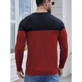 Men'S Casual Long Sleeve Crew Neck Sweater - & Grey Color Block Design, Soft Stretchy Fabric, Regular Fit, Spring/Fall Essential for Casual Attire, Knit, Spring Fall Clothing, Classic Knitwear, Comfortable Knitwear