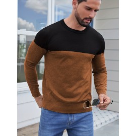 Men'S Casual Long Sleeve Crew Neck Sweater - & Grey Color Block Design, Soft Stretchy Fabric, Regular Fit, Spring/Fall Essential for Casual Attire, Knit, Spring Fall Clothing, Classic Knitwear, Comfortable Knitwear