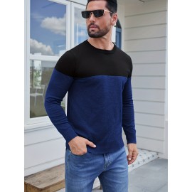 Men'S Casual Long Sleeve Crew Neck Sweater - & Grey Color Block Design, Soft Stretchy Fabric, Regular Fit, Spring/Fall Essential for Casual Attire, Knit, Spring Fall Clothing, Classic Knitwear, Comfortable Knitwear