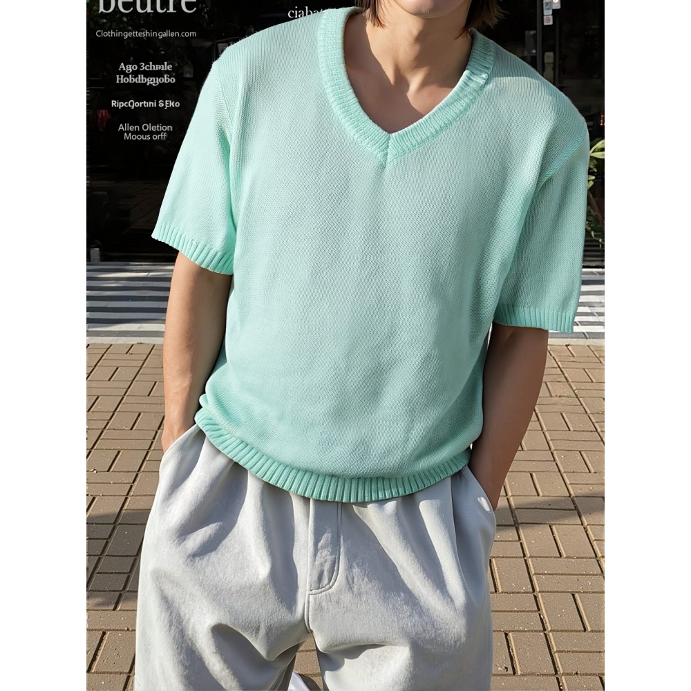 Men's Mint Green V-Neck Short Sleeve Sweater - Soft Pastel Casual Knit Sweater for Everyday & Formal Wear, All-Season Layering Essential, Minimalist Solid Color Design in Light Green (Hand Washable) - Versatile Spring Summer Outfits, Relaxed Fit with V-Neckline, Smooth Texture, Suitable for Men and Women, Solid Color Minimalist Style, Comfortable for All Seasons
