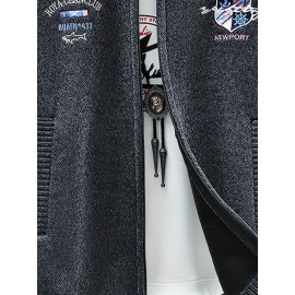 Men'S Thick Warm Winter Jacket with Plush - Geometric Pattern Full-Zip Casual Coat, Stand Collar & Long Sleeve, Grey/Navy, Versatile Outerwear for Everyday & Semi-Formal Occasions, Durable & Comfortable Cold-Weather Coat