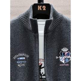 Men'S Thick Warm Winter Jacket with Plush - Geometric Pattern Full-Zip Casual Coat, Stand Collar & Long Sleeve, Grey/Navy, Versatile Outerwear for Everyday & Semi-Formal Occasions, Durable & Comfortable Cold-Weather Coat