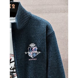 Men'S Thick Warm Winter Jacket with Plush - Geometric Pattern Full-Zip Casual Coat, Stand Collar & Long Sleeve, Grey/Navy, Versatile Outerwear for Everyday & Semi-Formal Occasions, Durable & Comfortable Cold-Weather Coat