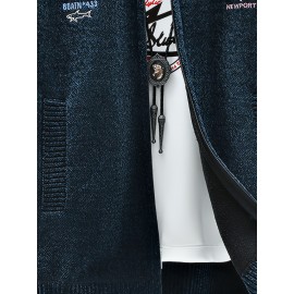 Men'S Thick Warm Winter Jacket with Plush - Geometric Pattern Full-Zip Casual Coat, Stand Collar & Long Sleeve, Grey/Navy, Versatile Outerwear for Everyday & Semi-Formal Occasions, Durable & Comfortable Cold-Weather Coat