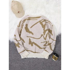 Men's Soft Beige & Brown Geometric Pattern Sweater - Casual Round Neck Long Sleeve Knit Pullover, Warm Winter & Spring/Fall Layering, Comfortable Beige & Brown Color Block Sweater for Men, Versatile Everyday & Formal Outfits, Hand Washable Knit Sweater with Modern Geometric Design, Relaxed Fit for Autumn and Spring Wear, Stylish and Cozy Knitted Top, Knit Sweater Men, Knitted Sweater Men