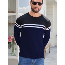 Men'S Thermal Long Sleeve Sweater - Winter Warmth Pullover with Striped Collar, H-Line Silhouette, Soft Stretchy Fabric for Office, Formal, Knit, Winter Sweater For Men, Winter Clothes For Men, Winter Clothes For Women, Winter Clothes For Women Plus