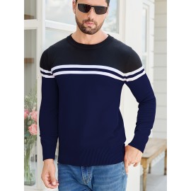 Men'S Thermal Long Sleeve Sweater - Winter Warmth Pullover with Striped Collar, H-Line Silhouette, Soft Stretchy Fabric for Office, Formal, Knit, Winter Sweater For Men, Winter Clothes For Men, Winter Clothes For Women, Winter Clothes For Women Plus