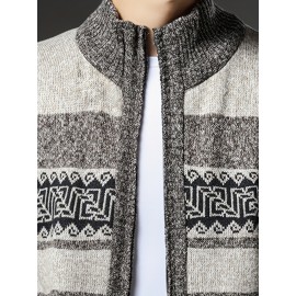 Men'S Winter Warm Jacquard Cardigan Sweater - Full-Zip Stand Collar Long Sleeve Coat with Full-Zip Front Closure, / Contrast, Casual to Formal Outerwear, Regular Fit for Fall & Winter, Versatile Everyday & Formal Wear, Durable Knit Construction