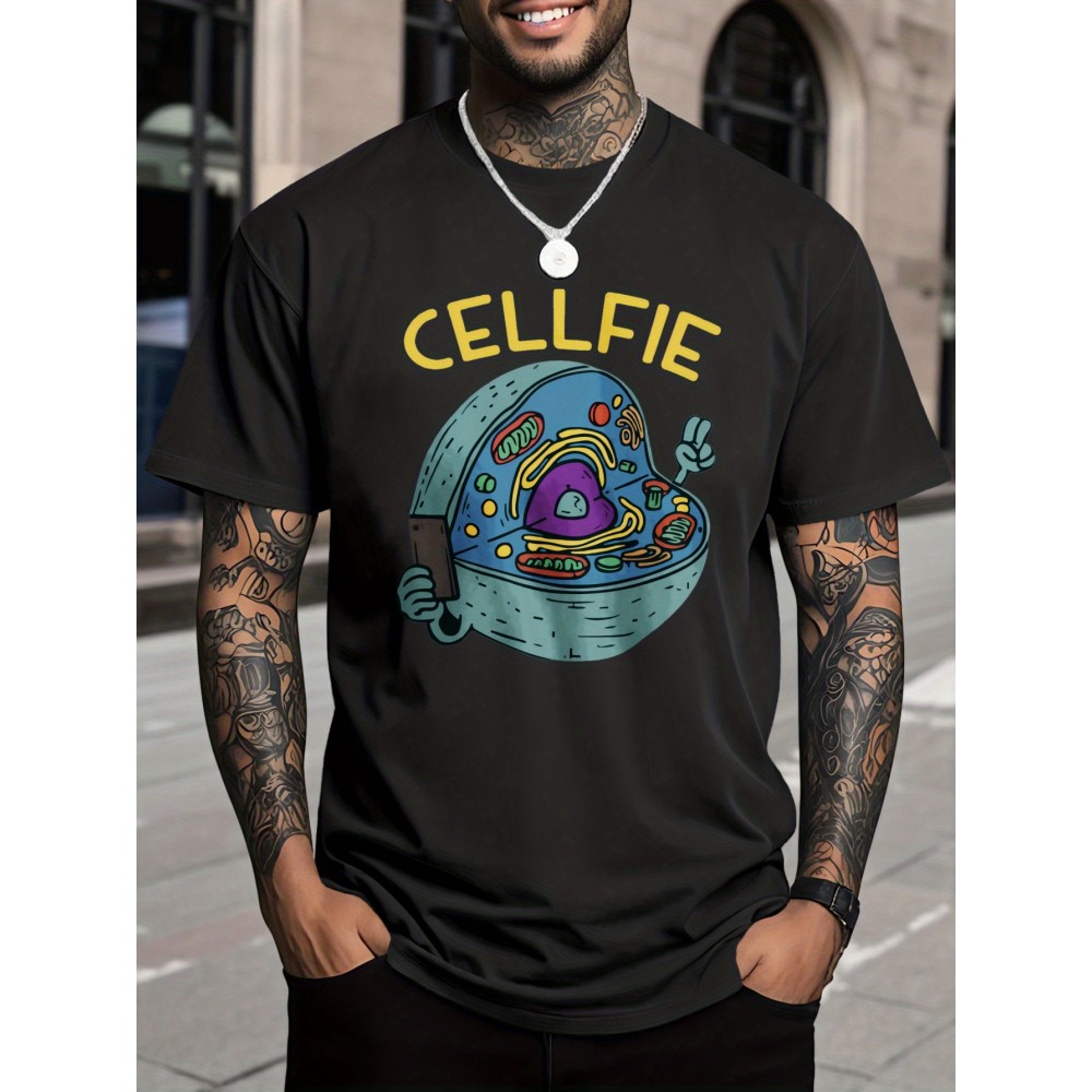 Men's 100% Cotton T-Shirt with Cellfie Cell Science Art Print - Slim Fit & Casual Round Neck Tee, Breathable Fabric with Science-Themed Cell Design for Tech Events, Biology Parties & Casual Attire
