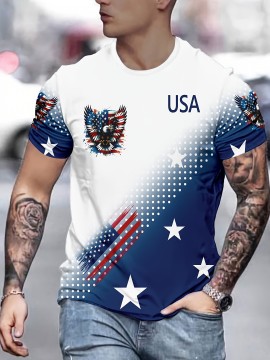 USA Flag 3D Print Casual Men's T-Shirt - 100% Polyester Knit Fabric, Regular Fit, Slight Stretch, 110g/m²