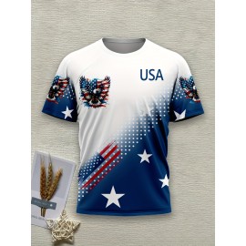 USA Flag 3D Print Casual Men's T-Shirt - 100% Polyester Knit Fabric, Regular Fit, Slight Stretch, 110g/m²