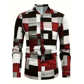 Men's Long Sleeve Dress Shirt with Collar & Button Front - Geometric Pattern Button- Shirt, Machine Washable Spring/Fall Casual & Smart-Casual Blouse for Office, Wedding, Events - Classic Buttoned-Up Style (Regular Fit)