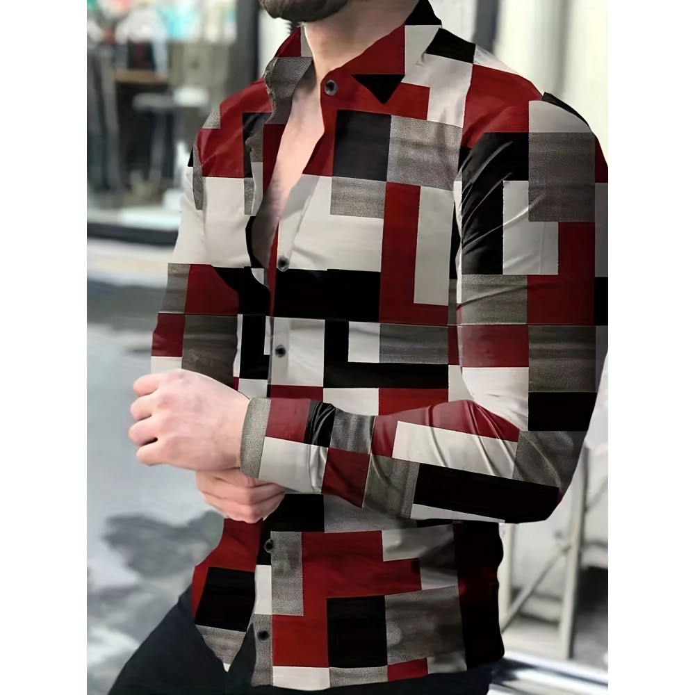 Men's Long Sleeve Dress Shirt with Collar & Button Front - Geometric Pattern Button- Shirt, Machine Washable Spring/Fall Casual & Smart-Casual Blouse for Office, Wedding, Events - Classic Buttoned-Up Style (Regular Fit)