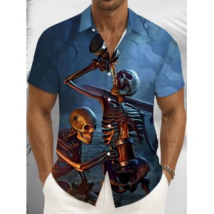 Men'S Halloween Gothic Shirt - Spooky Skeleton, Drinking Beer Party Costume - Button-Up Front - Lightweight Summer Formality - Perfect for Halloween Parties, Themed Events & Casual Attire - Funny Halloween Outfit for Men