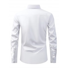 Men'S Polyester Casual Dress Shirt - Solid Color, Button-Up, Lapel Collar, Moderate Stretch, Comfortable Design for All Seasons, 120g/㎡, Casual Wear|Modern Casual Shirt|Sleek Appearance