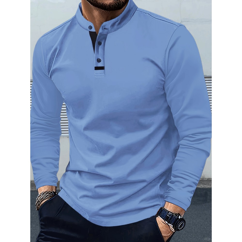 Men'S Long Sleeve Henley Shirt - Classic Pointed Collar Solid Navy Blue, Business Casual & Weekend Outfits, Non-Stretch Fabric, Button-Front Placket, Formal & Casual Attire for Office, Semi-Formal Events - Ideal for Professionals & Everyday Use - Du