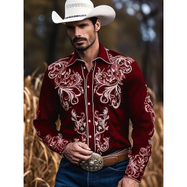 Men'S Western Cowboy Shirt - Non-Stretch Polyester Formality - Button-Up Long Sleeve with Classic collar - Rustic Western Style Blouse for Ranch, Themed Events, Casual Attire - Durable Cowboy Attire, Country Boy Outfit, Ranch Clothing, Floral Print Design, Sturdy Construction, Casual Wearers