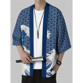 Men's Japanese Kimono Robe - Casual Samurai Beachwear with Breathable Polyester, Lightweight & Machine Washable, Multicolor Digital Print, Loose Fit Open Front Design for Summer Outdoor Leisure, Beach Kimono, Leisure Wear, Respirable Fabric