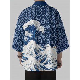 Men's Japanese Kimono Robe - Casual Samurai Beachwear with Breathable Polyester, Lightweight & Machine Washable, Multicolor Digital Print, Loose Fit Open Front Design for Summer Outdoor Leisure, Beach Kimono, Leisure Wear, Respirable Fabric