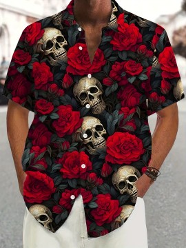 Men'S Plus Size Gothic Rock Music Shirt - Hawaiian Button-Up Blouse with Skull & Rose Print, Black & Red Vintage Style Formal & Halloween Party Outfit - Lightweight Summer Shirt for Concerts, Themed Events - Adult Men'S Clothing, Style Clothe For Men, Men Short Sleeve Shirt, Hawaiian Shirt For Men, Summer Shirt For Men, Hawaiian Shirt Men, Men Hawaiian Shirt, Men Dress Shirt, Men Shirt, Men Clothe