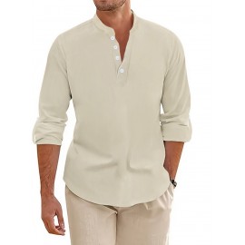 Men's Pink Henley Shirt with Stand Collar - Versatile Long Sleeve Half-Button Tee for Casual & Formal Wear, Smooth Polyester Fabric, Machine Washable, Spring/Fall Essential, Spring Attire | Classic Henley Shirt | Solid Color Shirt