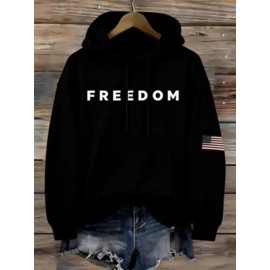 Men's Oversized Hooded Sweatshirt with FREEDOM Print & Flag Patch - Heavy-Duty Winter Warmth, Loose Fit Streetwear Pullover, Kangaroo Pocket, Drawstring Hood, Machine Washable Casual Sweater (Locally Shipped)