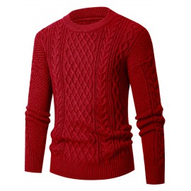 Men's Thickened Warm Slim-Fit Red Cable-Knit Sweater - Soft Light Beige-Friendly Long Sleeve Round Neck Winter Sweater for Business Casual & Casual Attire, Durable Cozy Knit Pullover with Twisted Grid Pattern, Versatile Layering Piece (Hand Washable) - Ideal for Office & Semi-Formal Events, Autumn & Winter Fashion in Vibrant Red with Ribbed Cuffs and Hem, Comfortable and Stylish for Casual Formal Outfits