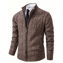 Men's Business Cable-Knit Sweater Jacket with Stand-Up Collar - Machine Washable Gray Winter Office Sweater Coat, Long Sleeve Casual to Meeting Wear, Gym Compatible for Professional & Everyday Use - Solid Color Mature Style
