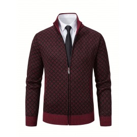 Men's Slim-Fit Thick Winter Knit Jacket with Stand Collar & Plaid Pattern - Warm Coat for Cold Weather, Casual Outerwear for Office or Everyday Use, Layering Piece under Suit Coats (Novelty Category)