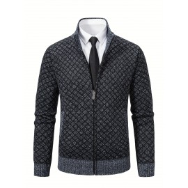 Men's Slim-Fit Thick Winter Knit Jacket with Stand Collar & Plaid Pattern - Warm Coat for Cold Weather, Casual Outerwear for Office or Everyday Use, Layering Piece under Suit Coats (Novelty Category)