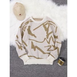 Men's Soft Beige & Brown Geometric Pattern Sweater - Casual Round Neck Long Sleeve Knit Pullover, Warm Winter & Spring/Fall Layering, Comfortable Beige & Brown Color Block Sweater for Men, Versatile Everyday & Formal Outfits, Hand Washable Knit Sweater with Modern Geometric Design, Relaxed Fit for Autumn and Spring Wear, Stylish and Cozy Knitted Top, Knit Sweater Men, Knitted Sweater Men