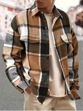 [Vintage Plaid Shirt] Vintage Plaid Shirt for Men | Single-Breasted, Loose Fit, Long Sleeve Casual Top | Black & White Checkered Pattern, Button-Up Front, Nonelastic Fabric | Perfect for Fall/Winter Outings & Casual Wear