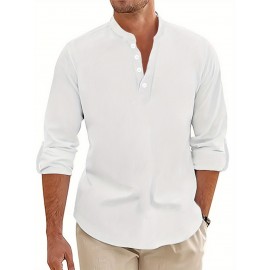 Men's Pink Henley Shirt with Stand Collar - Versatile Long Sleeve Half-Button Tee for Casual & Formal Wear, Smooth Polyester Fabric, Machine Washable, Spring/Fall Essential, Spring Attire | Classic Henley Shirt | Solid Color Shirt